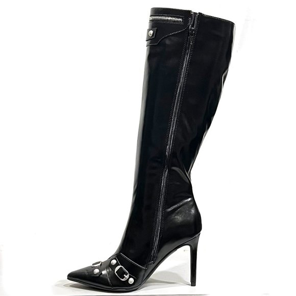 New Black Silver Studded Pointed Toe Stiletto Heel Knee High Boots - Picture 4 of 4